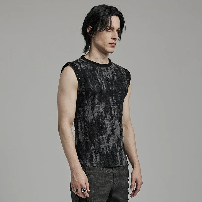 Herren Gothic Punk Ripped Eyelet Schwarz Grau Tank Top