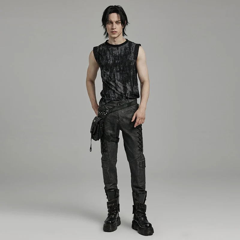 Herren Gothic Punk Ripped Eyelet Schwarz Grau Tank Top