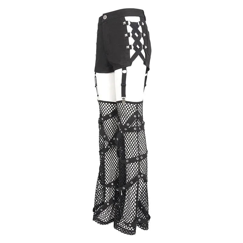 Damen-Shorts mit Punk-Mesh-Ausschnitt, Schnalle und Nieten