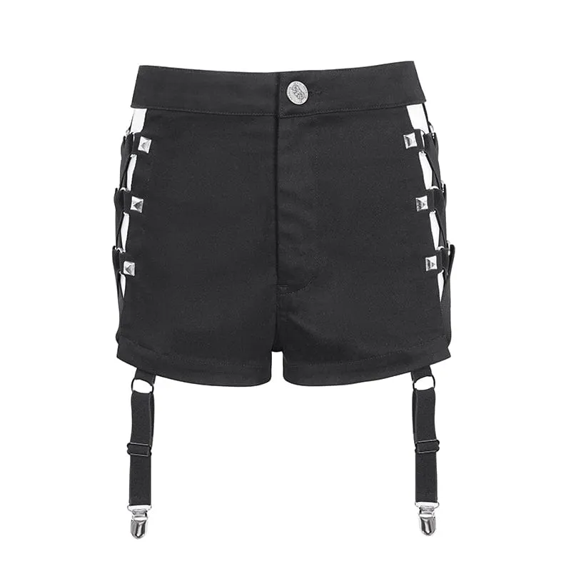 Damen-Shorts mit Punk-Mesh-Ausschnitt, Schnalle und Nieten