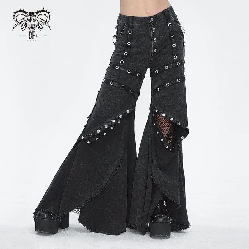 Damen-Punk-Mesh-Ösen-Rüschen-Schlaghose