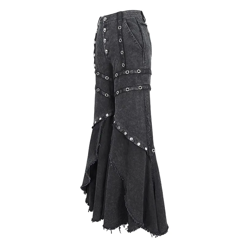 Damen-Punk-Mesh-Ösen-Rüschen-Schlaghose