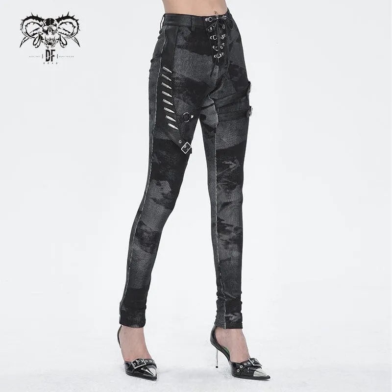 Punk-Schnürleggings mit Batik-Schnalle für Damen in Schwarz