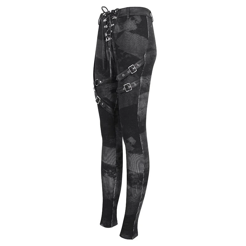 Punk-Schnürleggings mit Batik-Schnalle für Damen in Schwarz