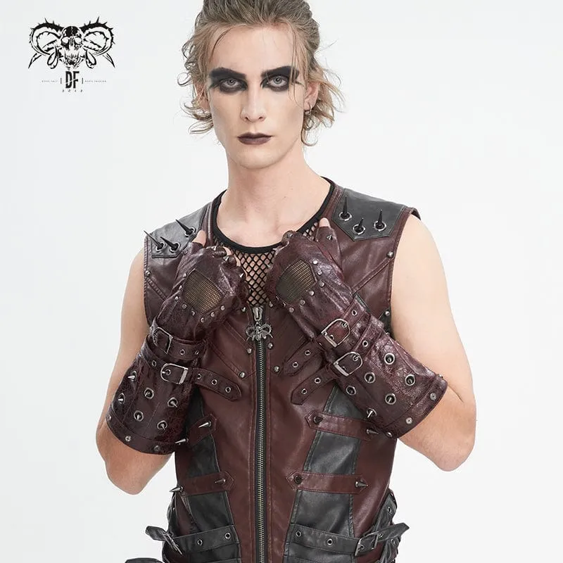 Herren-Gothic-Halbfingerhandschuhe mit Nieten und Mesh-Splice-Design in Rot