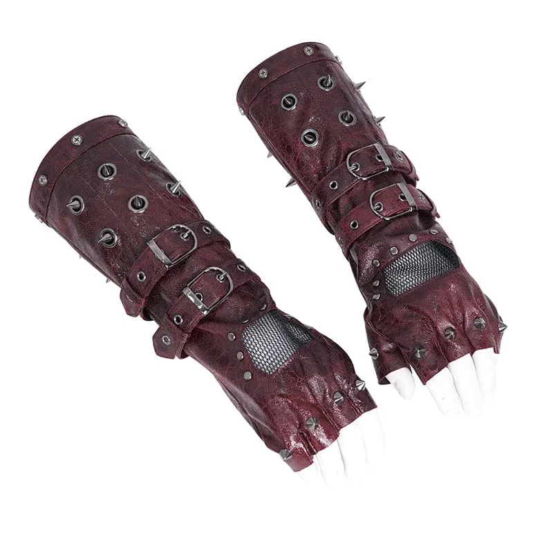 Herren-Gothic-Halbfingerhandschuhe mit Nieten und Mesh-Splice-Design in Rot