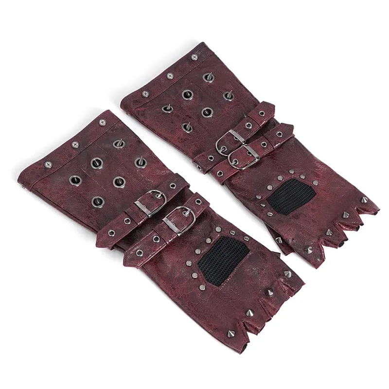 Herren-Gothic-Halbfingerhandschuhe mit Nieten und Mesh-Splice-Design in Rot