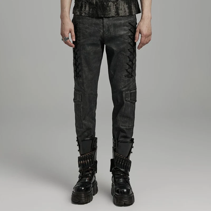 Herren-Punk-Gothic-Riemchenhose mit großen Taschen in Schwarz und Grau