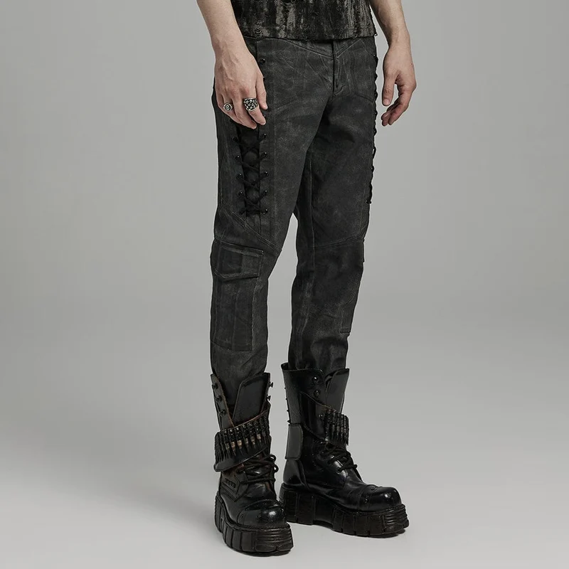 Herren-Punk-Gothic-Riemchenhose mit großen Taschen in Schwarz und Grau