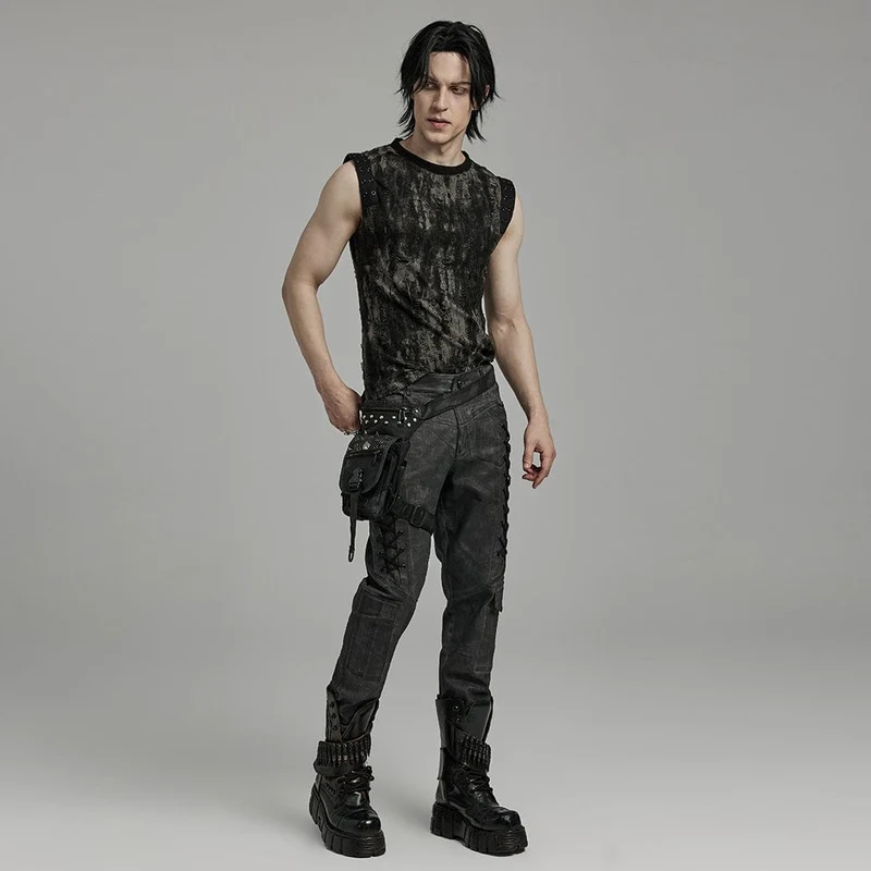 Herren-Punk-Gothic-Riemchenhose mit großen Taschen in Schwarz und Grau
