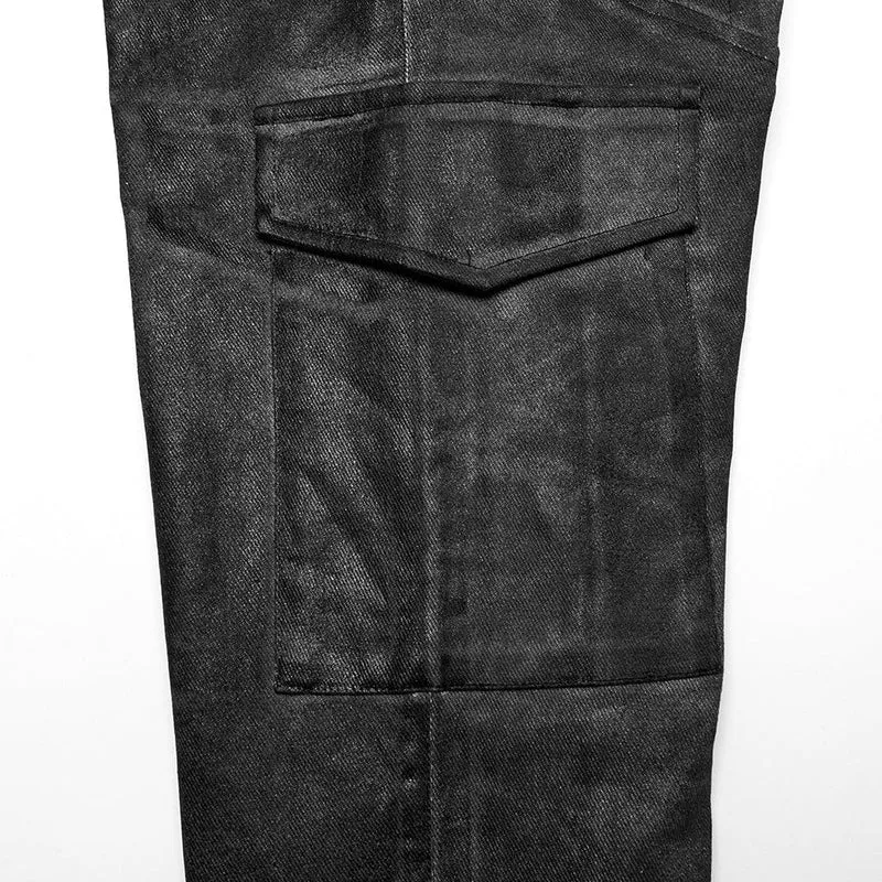 Herren-Punk-Gothic-Riemchenhose mit großen Taschen in Schwarz und Grau