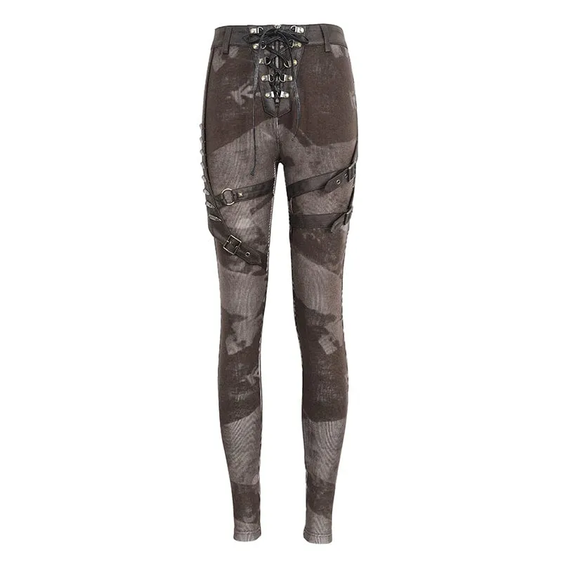 Punk-Schnürleggings mit Batik-Schnalle für Damen in Kaffeebraun