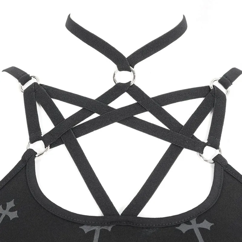 Damen-Gothic-Träger-Maxikleid mit Schlitz und Shorts