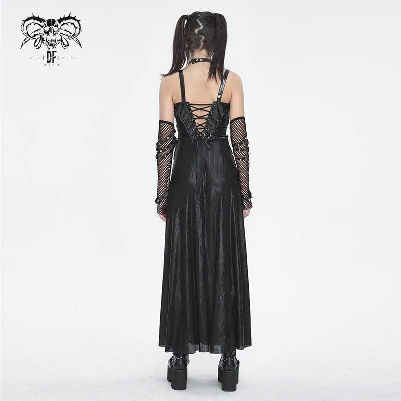 Gothic-Maxikleid mit Schnallenriemen und Ösen für Damen