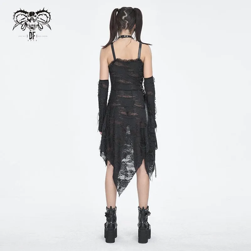 Damen-Gothic-Spitzenkleid mit gerissenem Saum und Armärmeln
