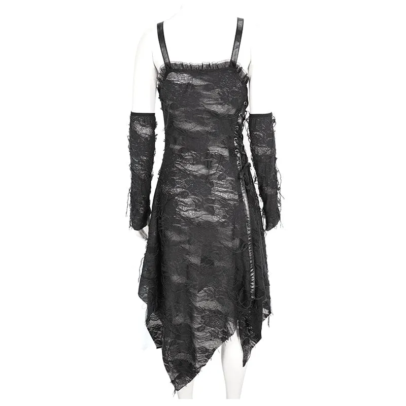Damen-Gothic-Spitzenkleid mit gerissenem Saum und Armärmeln