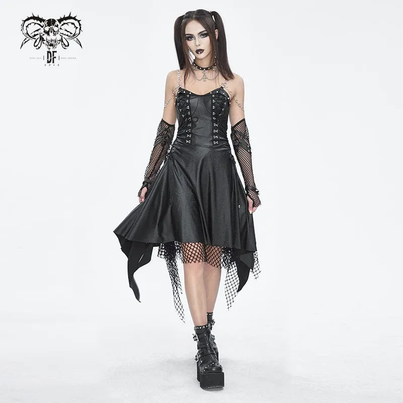 Damen-Gothic-Kleid mit Mesh-Nieten und Kunstledersaum
