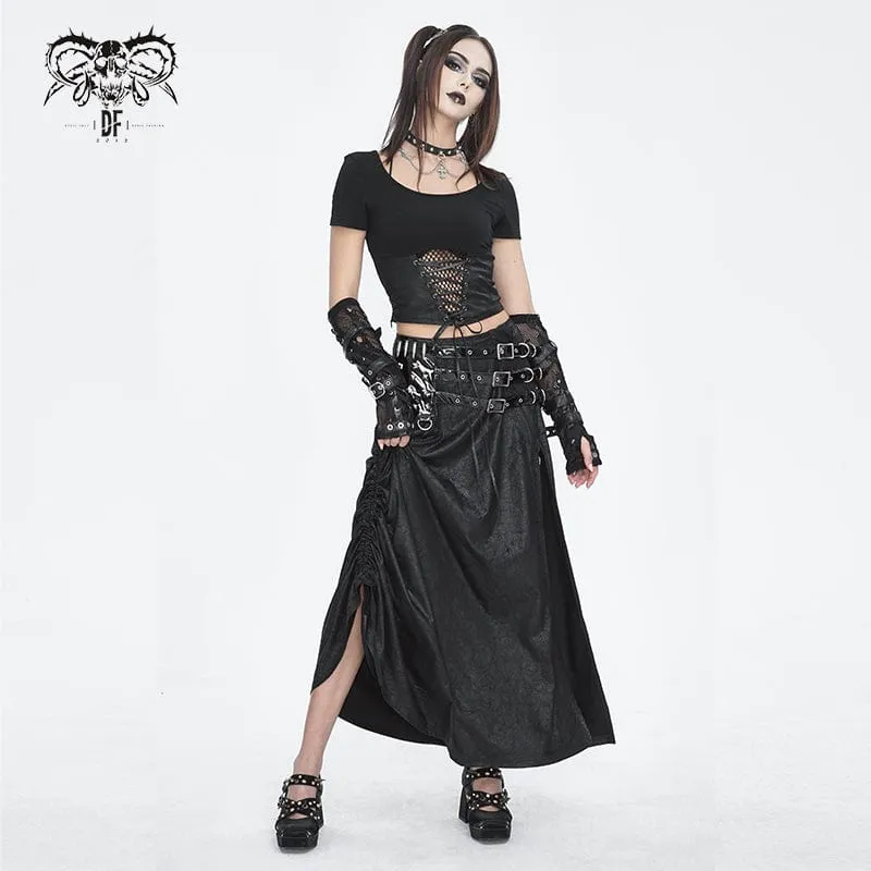 Langer Rock mit seitlichem Schlitz und Gothic-Schnalle für Damen