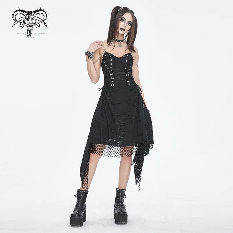 Damen-Slipkleid im Gothic-Stil mit Mesh-Nieten und gerissenem Saum