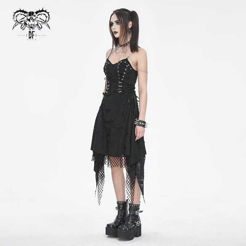 Damen-Slipkleid im Gothic-Stil mit Mesh-Nieten und gerissenem Saum