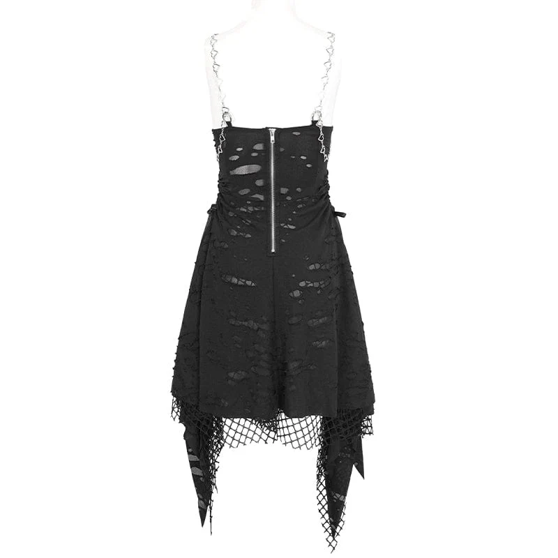 Damen-Slipkleid im Gothic-Stil mit Mesh-Nieten und gerissenem Saum