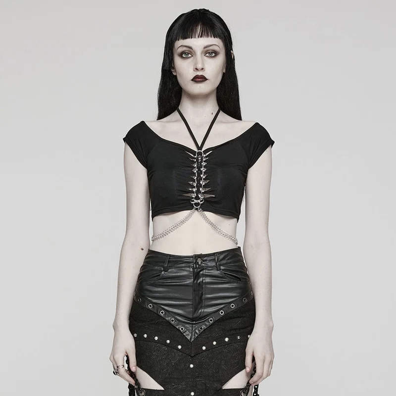 Kurzärmliges Crop-Top mit Punk-Ausschnitt und Ringkette für Damen