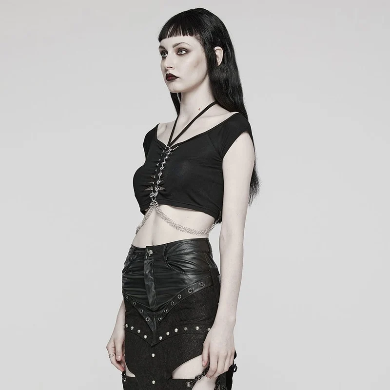 Kurzärmliges Crop-Top mit Punk-Ausschnitt und Ringkette für Damen