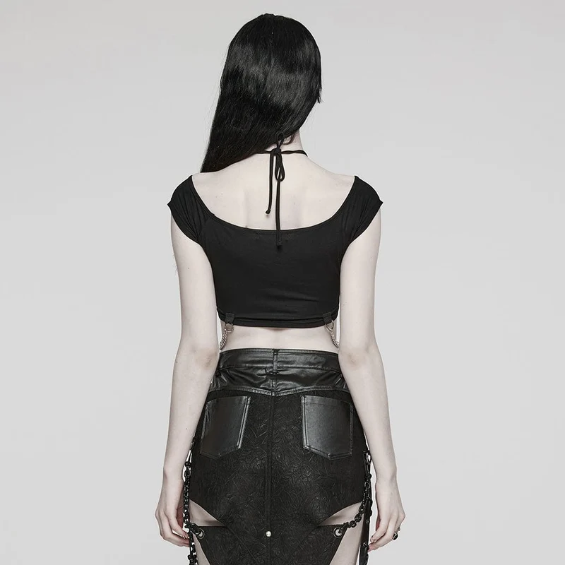 Kurzärmliges Crop-Top mit Punk-Ausschnitt und Ringkette für Damen