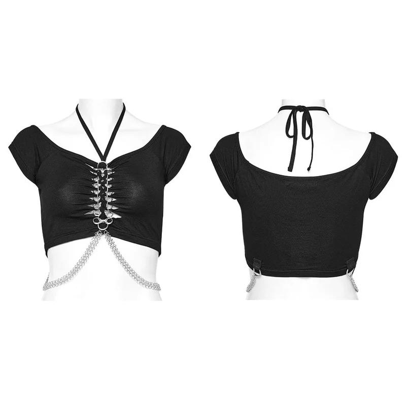 Kurzärmliges Crop-Top mit Punk-Ausschnitt und Ringkette für Damen