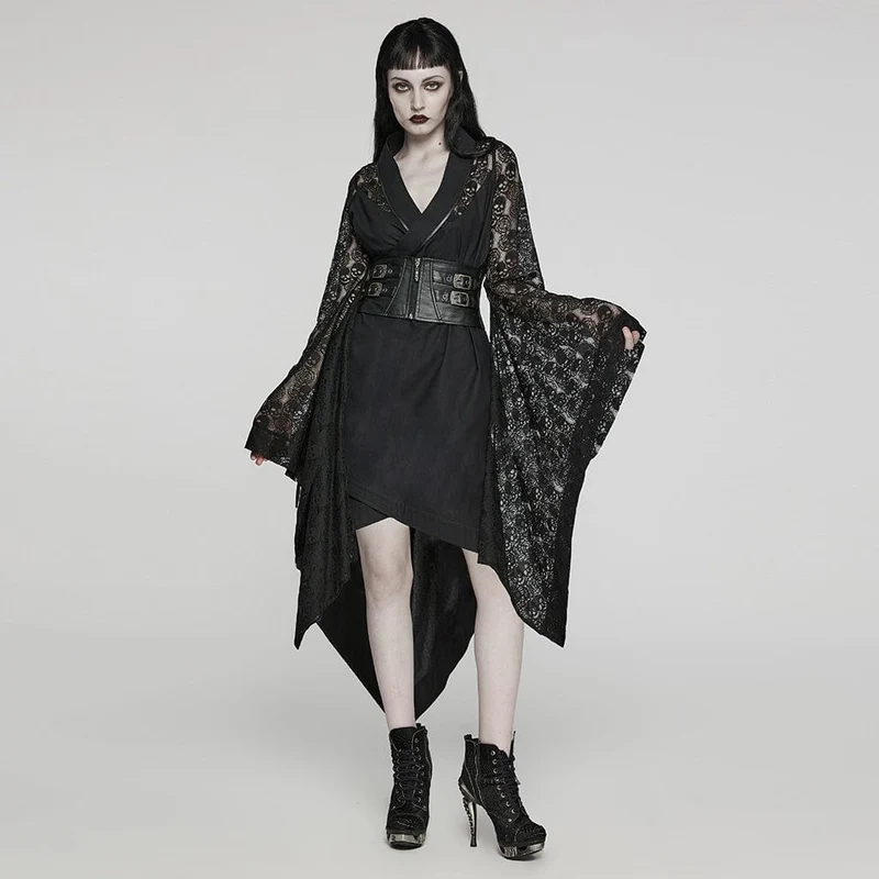 Unregelmäßiges, langärmliges Kleid mit Punk-Spitze und Schnalle für Damen