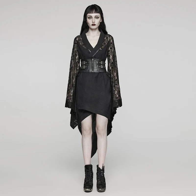 Unregelmäßiges, langärmliges Kleid mit Punk-Spitze und Schnalle für Damen