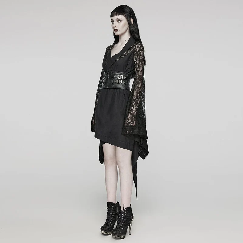 Unregelmäßiges, langärmliges Kleid mit Punk-Spitze und Schnalle für Damen