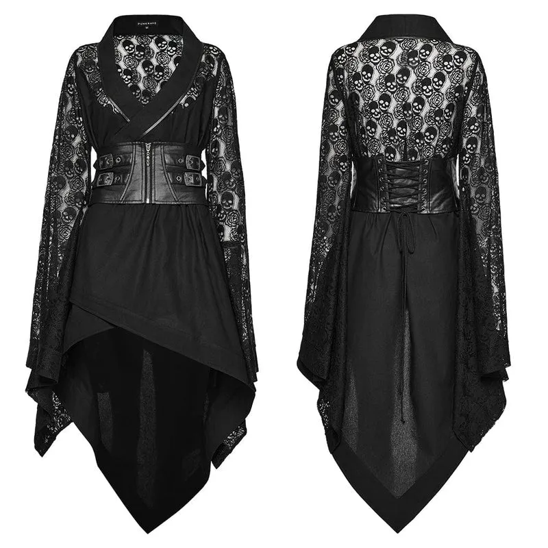 Unregelmäßiges, langärmliges Kleid mit Punk-Spitze und Schnalle für Damen