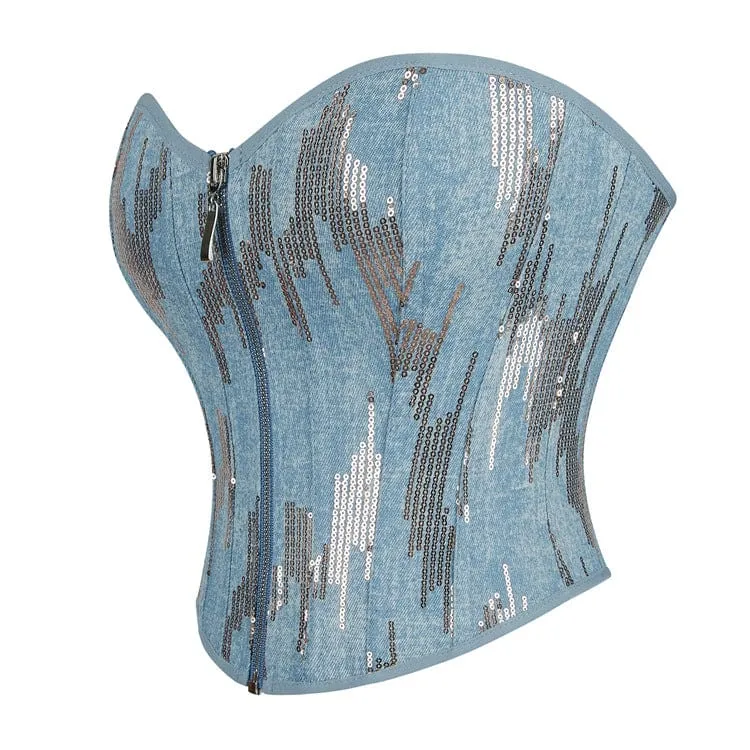 Damen-Overbust-Korsett aus Denim mit Grunge-Pailletten und Reißverschluss