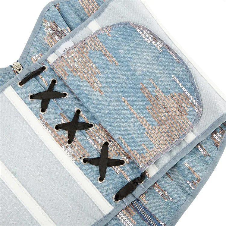 Damen-Overbust-Korsett aus Denim mit Grunge-Pailletten und Reißverschluss