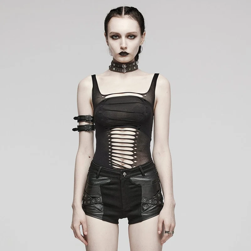 Damen-Punk-Tanktop mit Spaghettiträgern und Rissen