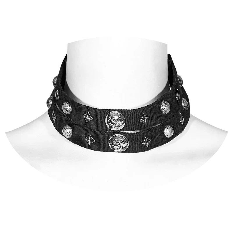 Damen-Halsband mit Punk-Schädel und Nieten und doppeltem Riemen