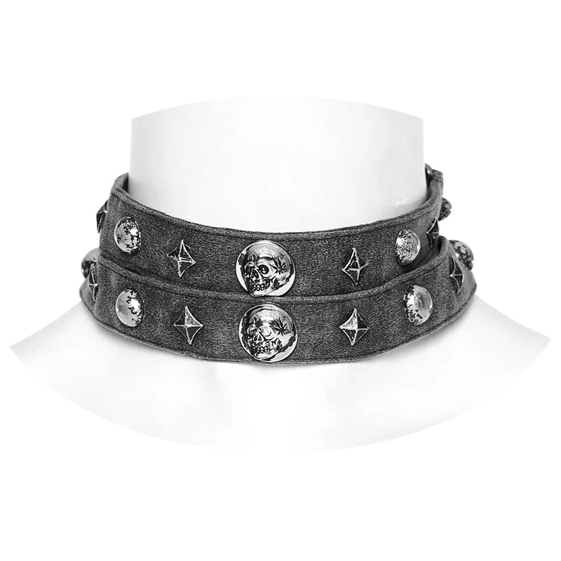 Damen-Halsband mit Punk-Schädel und Nieten und doppeltem Riemen