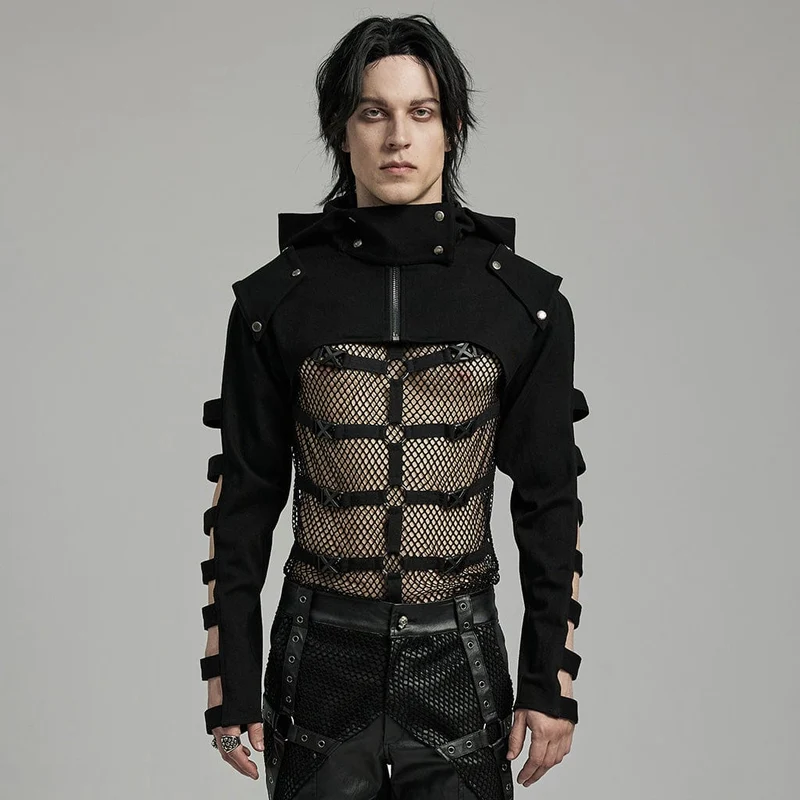 Herren-Punk-Jacke mit Stehkragen und Ausschnitt und Kapuze