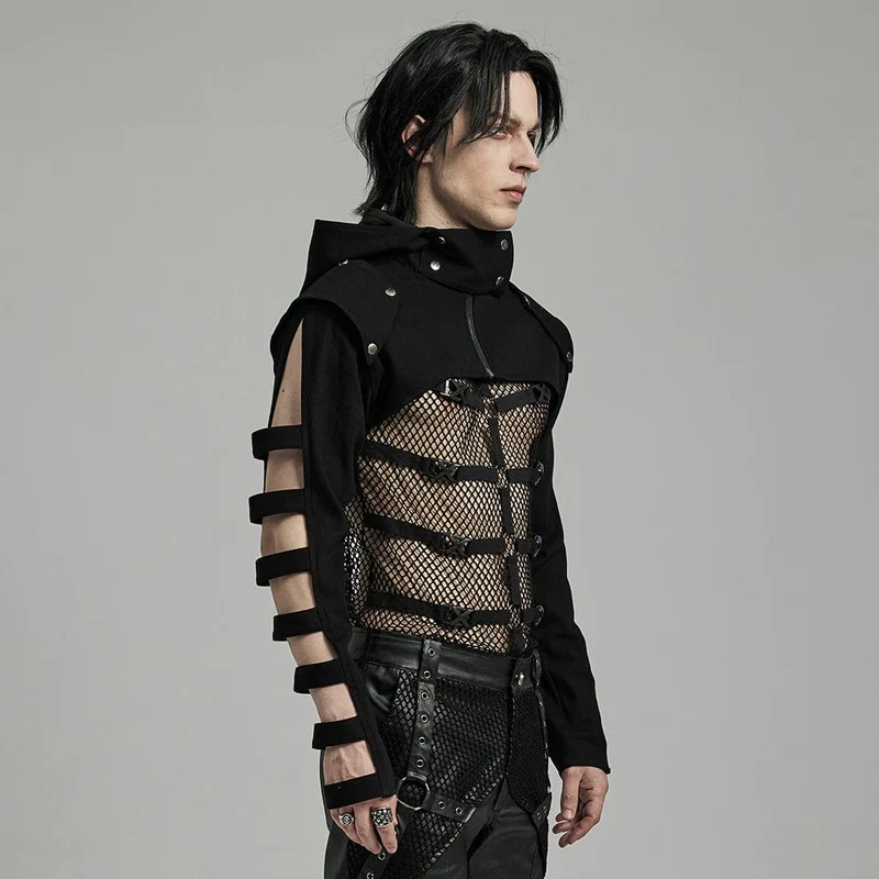 Herren-Punk-Jacke mit Stehkragen und Ausschnitt und Kapuze