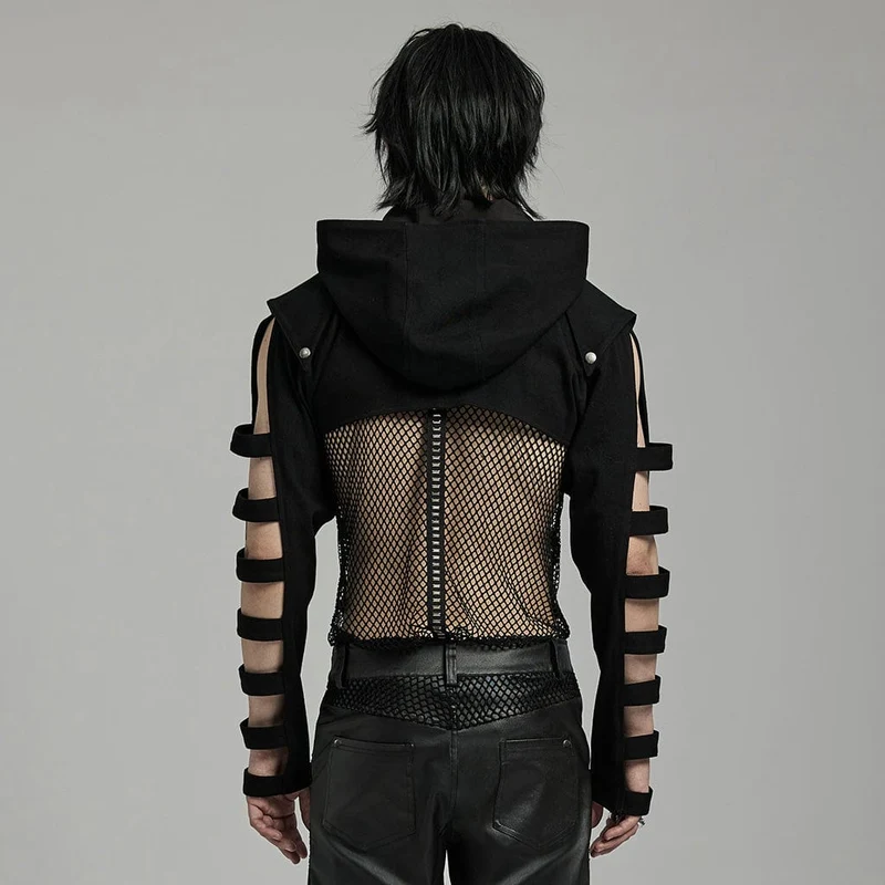 Herren-Punk-Jacke mit Stehkragen und Ausschnitt und Kapuze