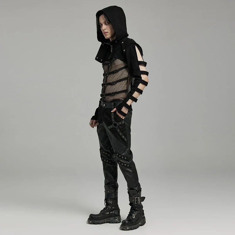 Herren-Punk-Jacke mit Stehkragen und Ausschnitt und Kapuze