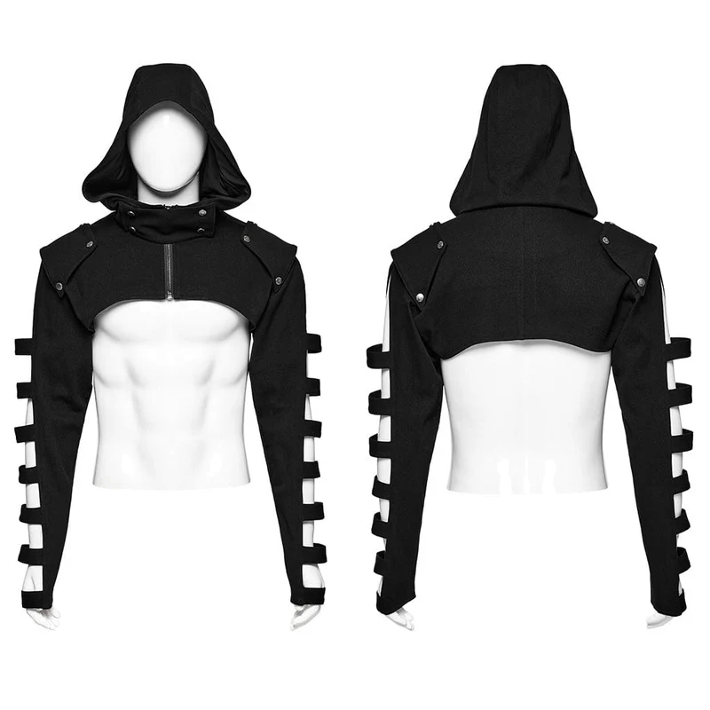 Herren-Punk-Jacke mit Stehkragen und Ausschnitt und Kapuze