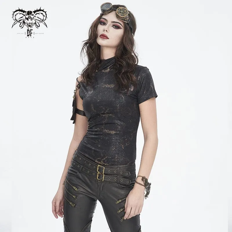 Kurzärmliges T-Shirt mit Punk-Spaghettiträgern und Schnalle für Damen