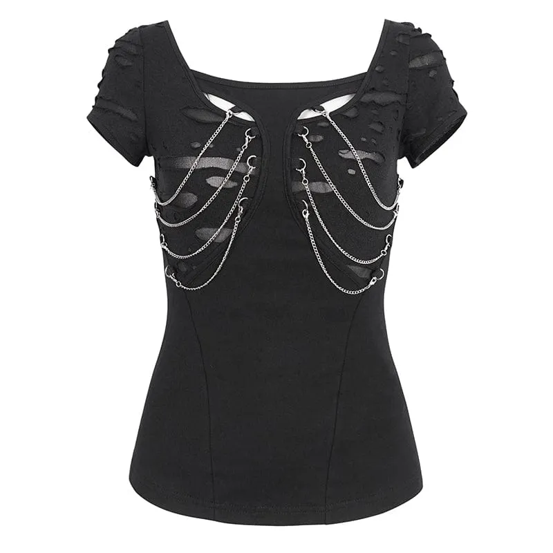Kurzärmliges Damen-T-Shirt mit Punk-Ausschnitt und zerrissener Kette