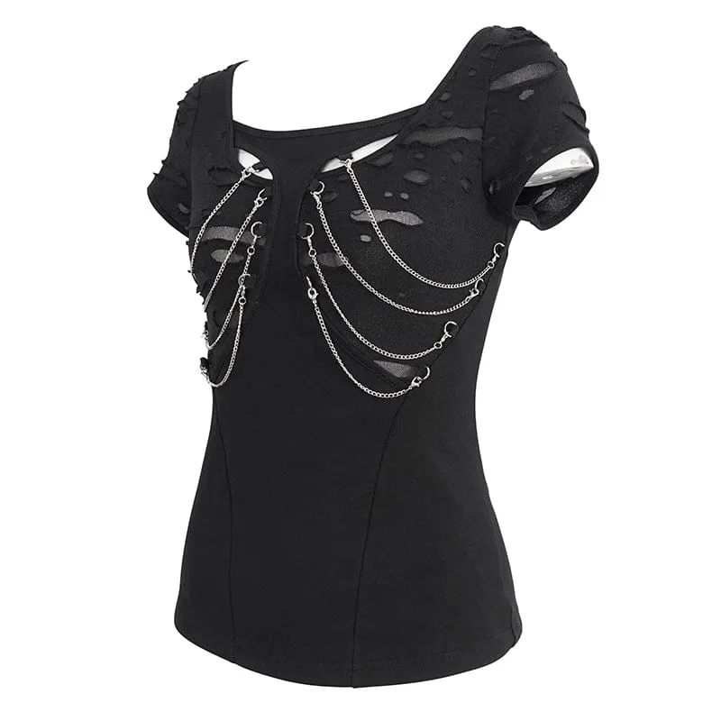Kurzärmliges Damen-T-Shirt mit Punk-Ausschnitt und zerrissener Kette