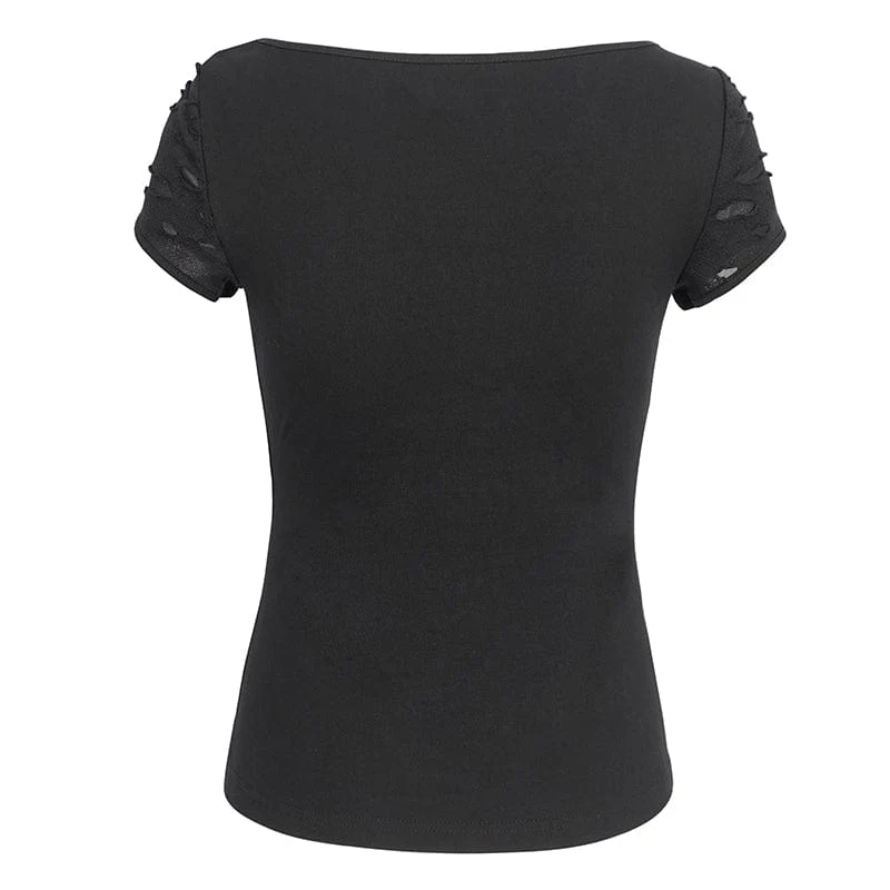 Kurzärmliges Damen-T-Shirt mit Punk-Ausschnitt und zerrissener Kette