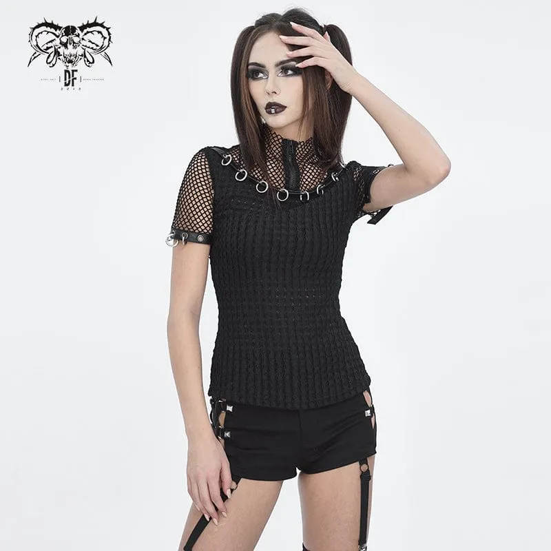 Kurzärmeliges Mesh-Oberteil mit Punk-Mesh-Ringen für Damen