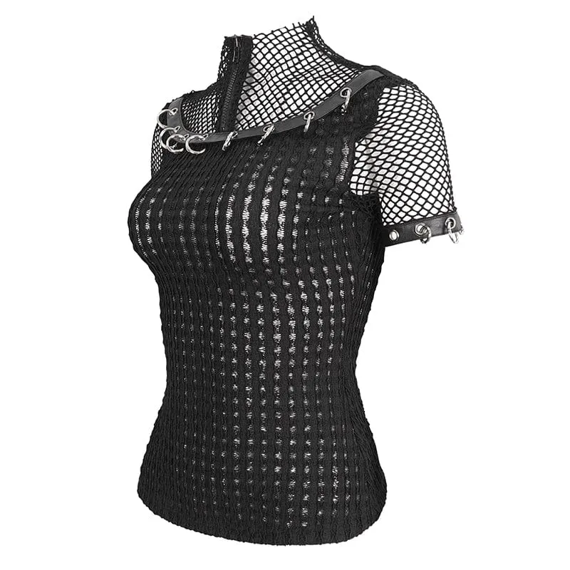 Kurzärmeliges Mesh-Oberteil mit Punk-Mesh-Ringen für Damen