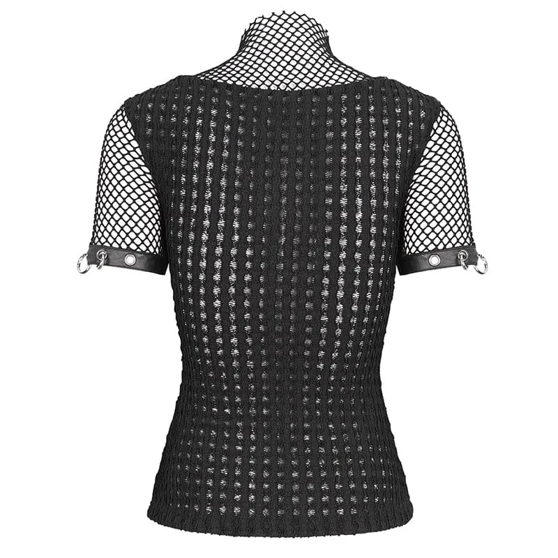 Kurzärmeliges Mesh-Oberteil mit Punk-Mesh-Ringen für Damen